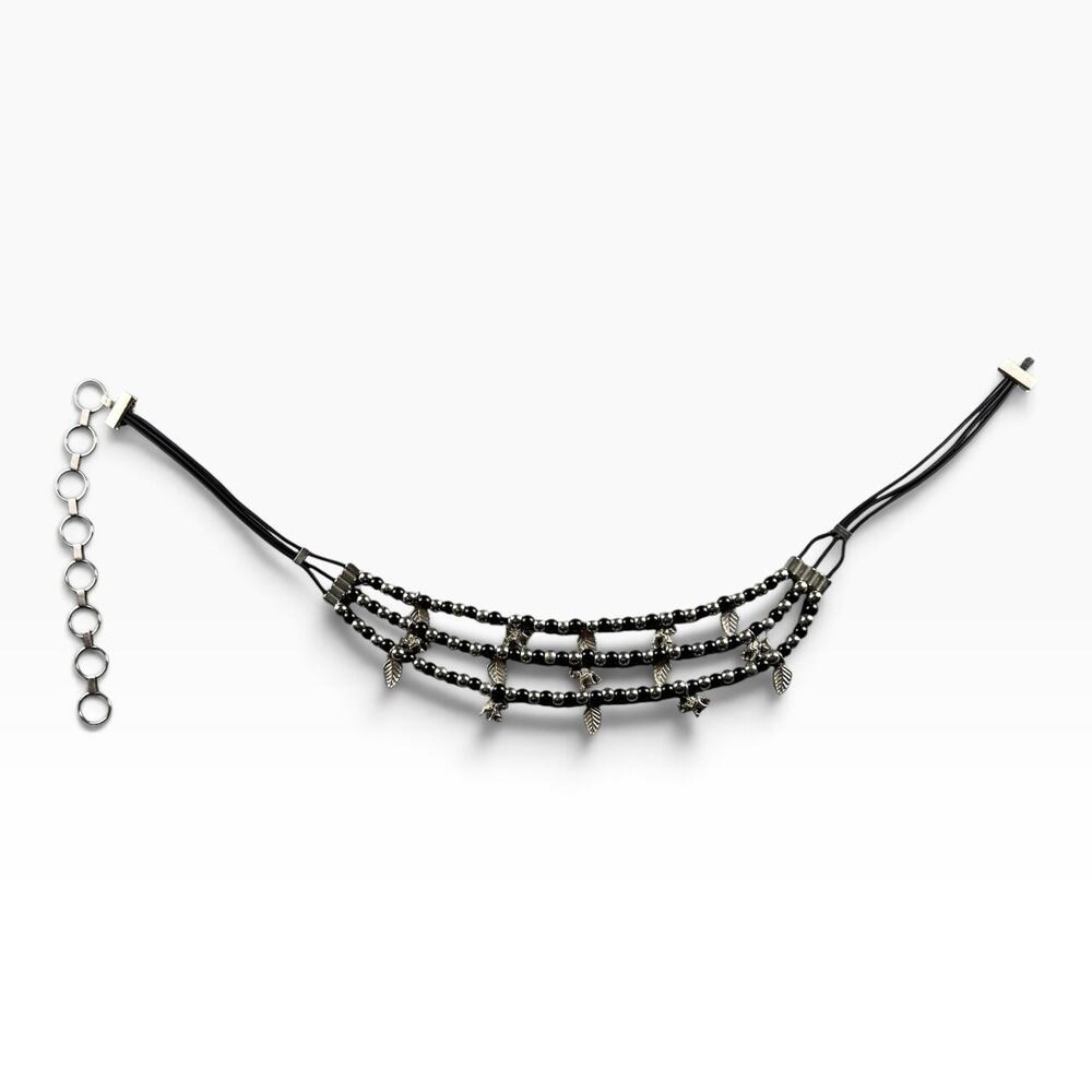 Elephant Charm Fashion Belt Black Silver Beaded Multi Strand Adjustable Boho